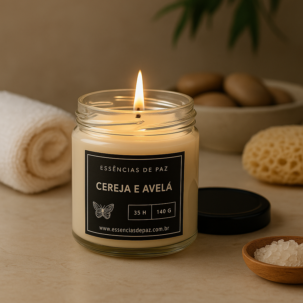 Cereja & Avelã – Vela Artesanal Vegana | 140g • 35h de Aconchego e Neutralização de Aromas